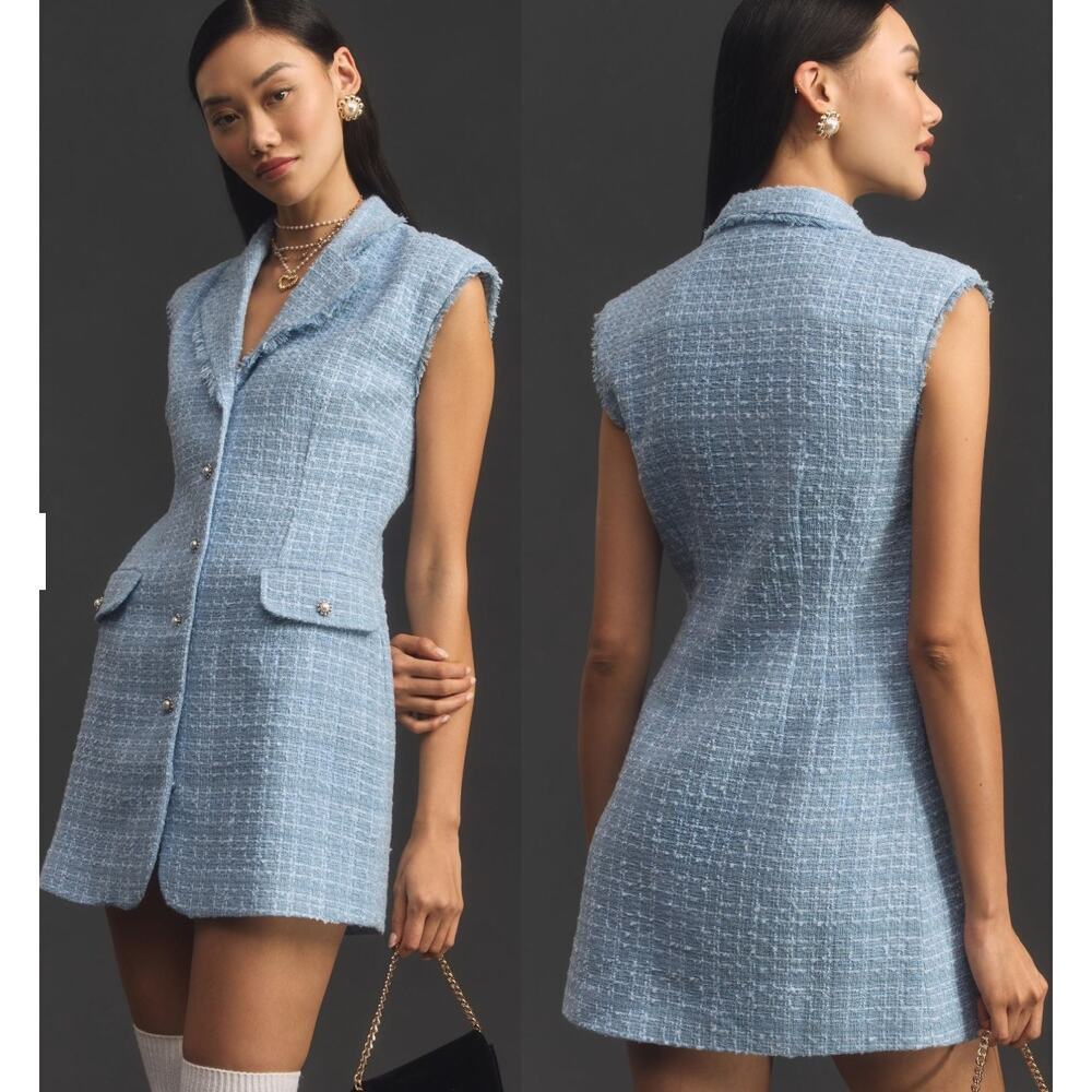 Maeve Sleeveless Tweed Blazer Mini Dress Blue size US 8 Petite